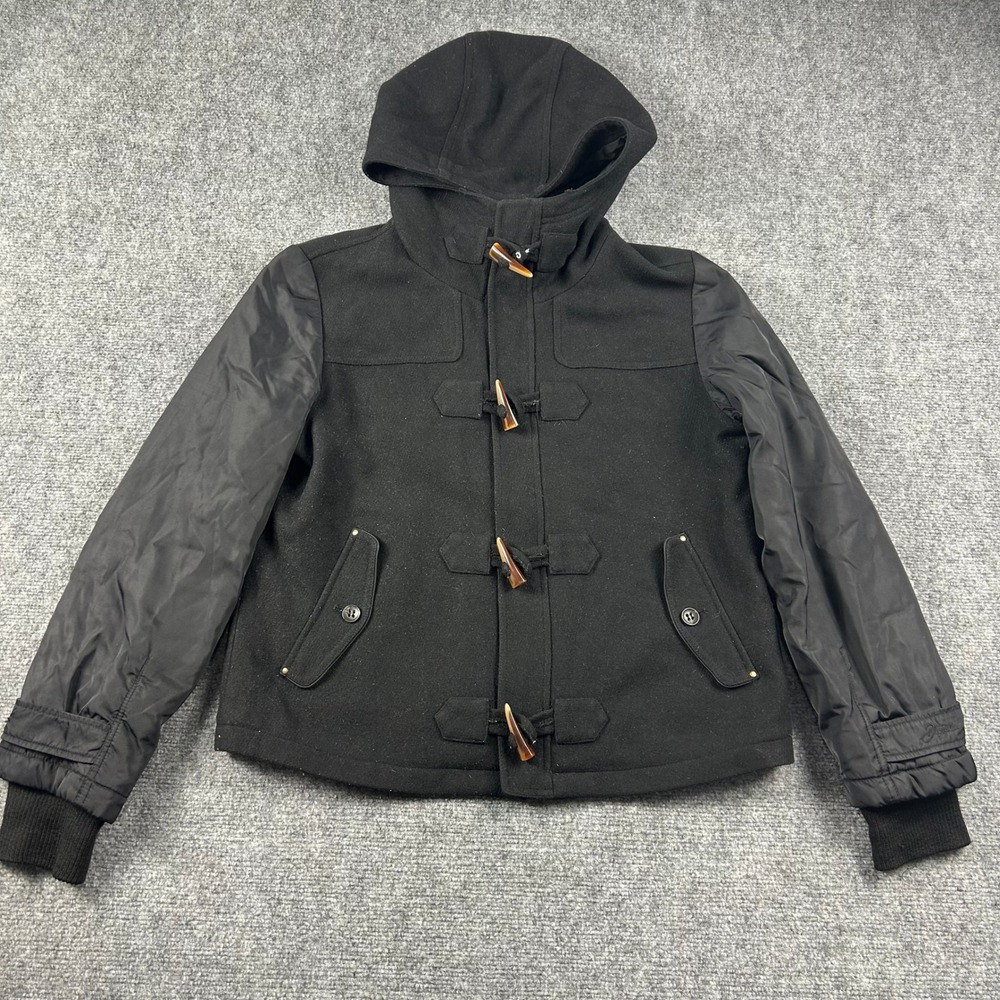Diesel Duffle Jacket Womens Large Black Wool Blend Toggle Hooded Mixed Media